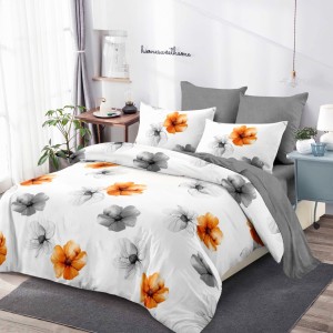 Lenjerie pat dublu,  FINET, cu elastic, 6 piese, Alb, Gri, Flori