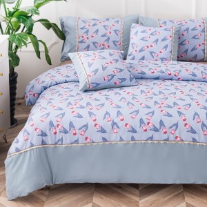 Lenjerie Pat Dublu,  Finet Satinat, CEARSAF CU ELASTIC, 6 piese, Bleu, Flori