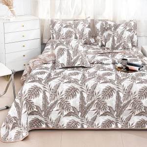 Cuvertură Pat Dublu, Bumbac cu In, Model Brodat Direct în Tesătură, 230x250 cm, 2 fete de perna 52x72cm, 2 fete de perna 46x46cm, Alb, Bej, Frunze