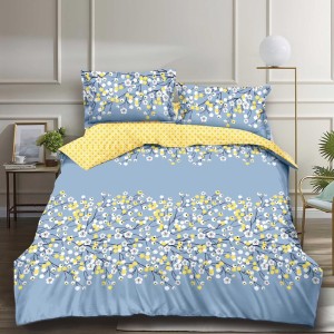 Lenjerie pat 1 PERSOANA, FINET, 4 piese, Bleu, floricele