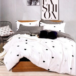 Lenjerie pat dublu, bumbac satinat, cu doua feţe, 4 piese, Alb, Negru, Inimioare