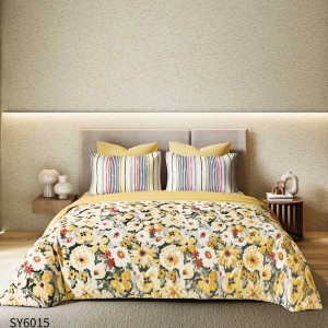 Lenjerie pat dublu,  FINET, Imprimeu Digital, cu ELASTIC, Crem, Multicolor, Flori