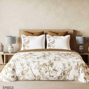 Lenjerie pat dublu,  FINET, Imprimeu Digital, cu ELASTIC, Alb, Maro, Arcul de Triumf, Plante