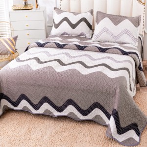 Cuvertură Pat Dublu, Catifea Matlasată, 230x250 cm, 2 fete de perna 60x80cm, Gri, Valuri