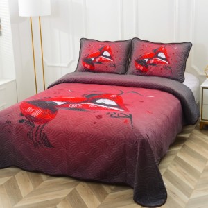 Cuvertură Matlasată, Pat Dublu, 230x250 cm, 3 Piese, Bumbac Finet Satinat, Imprimeu Digital, IDENTIC CU POZA, 2 Fețe de Pernă 60x80 cm, Roșu Închis, Buze