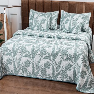 Cuvertură Pat Dublu, Bumbac cu In, Model Brodat Direct în Tesătură, 230x250 cm, 2 fete de perna 52x72cm, 2 fete de perna 46x46cm, Alb, Verde, Frunze