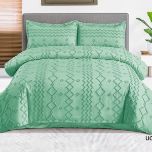 Lenjerie de Pat Premium, Bumbac Finet, Smocuri Brodate, 4 Piese, Nesifonabilă și Durabilă, Zig-Zag, Menta