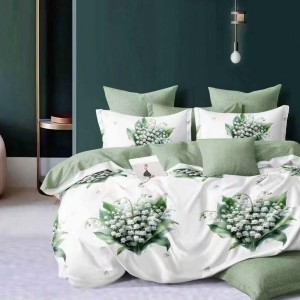 Lenjerie Pat Dublu,  FINET, 6 piese, Alb, Verde, flori