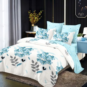 Lenjerie pat dublu,  FINET, cu elastic, 6 piese, Alb, Bleu, Flori, Inimioare