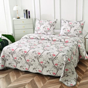 Cuvertură Matlasată din Bumbac Satinat, cu Bordură în Valuri (220x230 cm) + 2 Fețe de Pernă (60x80 cm), Gri, Crenguțe cu Flori