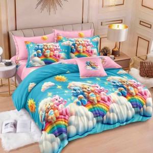 Lenjerie pat dublu,  FINET, 6 piese, Bleu, Roz, ursuleti, curcubeu