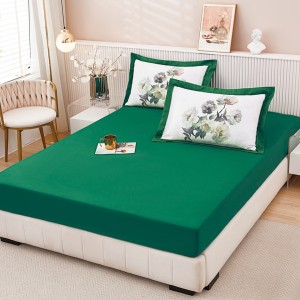 Cearsaf cu elastic, FINET, 160x200cm, UNI + 2 fete de perne 50x70cm, cu Model Floral, Verde Smarald