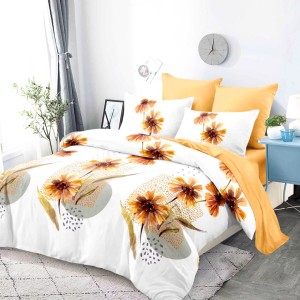 Lenjerie pat dublu,  FINET, cu elastic, 6 piese, Alb, Galben, Flori