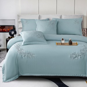 Lenjerie Pat Dublu, Bumbac Neted Fin, Broderie Rafinata, CEARSAF CU ELASTIC, 6 piese, Bleu