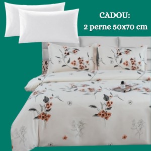 Lenjerie de Pat 4 Piese din Bumbac Satinat cu Cearșaf cu Elastic + 2 Perne Cadou 50x70 cm, cod INS-LSG119