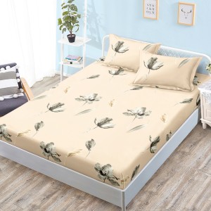 Cearsaf cu elastic, Bumbac FINET, 160x200cm, 2 fete de perne 50x70cm, Bej, Flori
