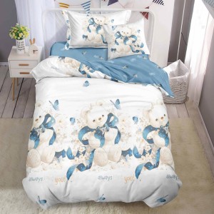 Lenjerie pat 1 PERSOANA,  FINET, 4 piese, cu ELASTIC, Bleu, ursuleti