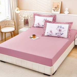 Cearsaf cu elastic, FINET, 160x200cm, UNI + 2 fete de perne 50x70cm, cu Model Floral, Roz Pudra