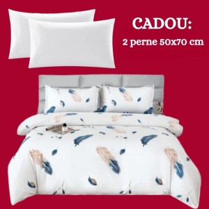 Lenjerie de Pat 4 Piese din Bumbac Satinat cu Cearșaf cu Elastic + 2 Perne Cadou 50x70 cm, cod INS-LSG507
