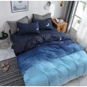 Lenjerie pat dublu, bumbac satinat, cu doua feţe, 4 piese,  Bleumarin, Bleu, stele si luna, degrade