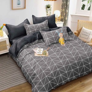 Lenjerie pat dublu, bumbac satinat,  cu elastic, Gri, dungi