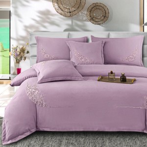 Lenjerie Pat Dublu, Bumbac Neted Fin, Broderie Rafinata, CEARSAF CU ELASTIC, 6 piese, Lila