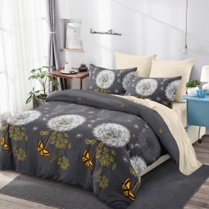 Lenjerie pat dublu,  FINET, cu elastic, 6 piese, Gri, Bej, Papadii, Fluturi