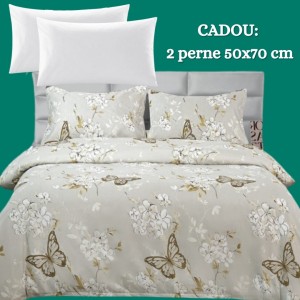 Lenjerie de Pat 4 Piese din Bumbac Satinat cu Cearșaf cu Elastic + 2 Perne Cadou 50x70 cm, cod INS-LSG174