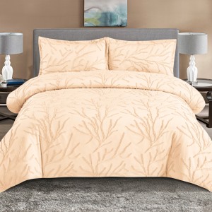 Lenjerie de Pat Premium, Bumbac Finet, Smocuri Brodate, 4 Piese, cu ELASTIC, Nesifonabilă și Durabilă, Tree, Bej Deschis