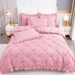 Lenjerie de Pat Premium, Bumbac Finet, Pliuri Brodate cu Volanase, 4 Piese, Nesifonabilă și Durabilă, Roz