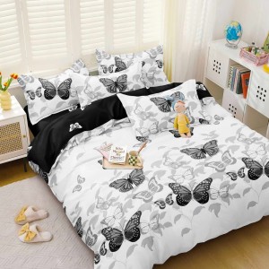 Lenjerie pat dublu cu doua feţe, bumbac satinat, 4 piese,  Alb, Negru, fluturi
