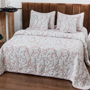 Cuvertură Pat Dublu, Bumbac cu In, Model Brodat Direct în Tesătură, 230x250 cm, 2 fete de perna 52x72cm, 2 fete de perna 46x46cm, Alb, Pudra, Crengute