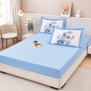 Cearsaf cu elastic, FINET, 160x200cm, UNI + 2 fete de perne 50x70cm, cu Model Floral, Bleu