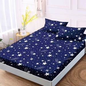 Cearsaf cu elastic, Bumbac FINET, 160x200cm, 2 fete de perne 50x70cm, Bleumarin, Alb, Ploaie de Stele