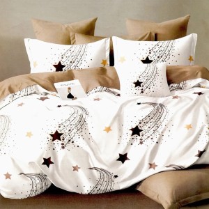 Lenjerie pat dublu, bumbac satinat, cu doua feţe, 4 piese,  Bleumarin, Crem, Bej, stelute