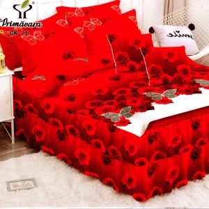 Lenjerie Premium Pat Dublu  FINET, 6 Piese – Volănașe Sofisticate, Fixare Perfectă cu Elastic, Roșu, Alb, Trandafiri, Fluturi