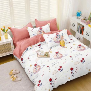 Lenjerie pat dublu cu doua feţe, bumbac satinat, 4 piese,  Alb, Roz, flori