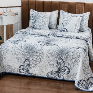 Cuvertură Pat Dublu, Bumbac cu In, Model Brodat Direct în Tesătură, 230x250 cm, 2 fete de perna 52x72cm, 2 fete de perna 46x46cm, Alb, Albastru, Crizanteme, Fluturi