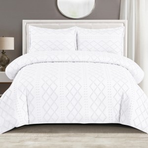 Lenjerie de Pat Premium, Bumbac Finet, Smocuri Brodate, 4 Piese, cu ELASTIC, Nesifonabilă și Durabilă, Elegance, Alb