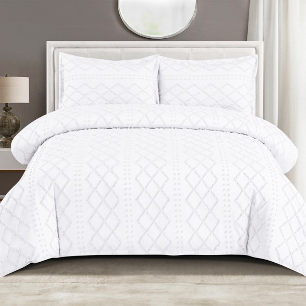 Lenjerie de Pat Premium, Bumbac Finet, Smocuri Brodate, 4 Piese, cu ELASTIC, Nesifonabilă și Durabilă, Elegance, Alb [1]