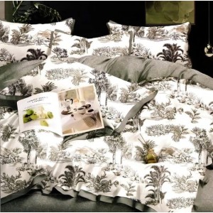 Lenjerie pat dublu, bumbac satinat, cu doua feţe, 4 piese,  Alb, Gri, Jungla