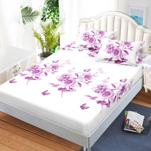 Cearsaf cu elastic, Bumbac FINET, 160x200cm, 2 fete de perne 50x70cm, Alb, Lila, Flori