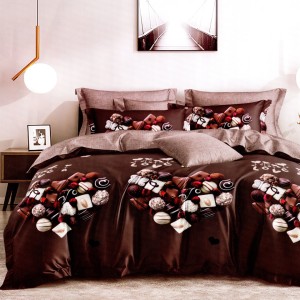 Lenjerie pat dublu, bumbac satinat, cu doua feţe, 4 piese,  Maro, Bomboane de Ciocolata, Inimioare