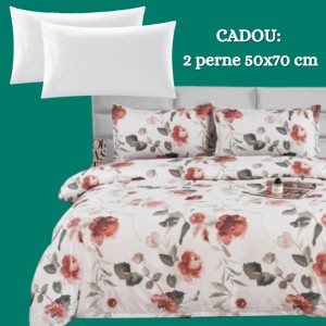 Lenjerie de Pat 4 Piese din Bumbac Satinat cu Cearșaf cu Elastic + 2 Perne Cadou 50x70 cm, cod INS-LSG105