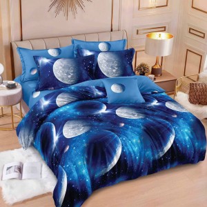 Lenjerie pat dublu,  FINET, 6 piese, cu ELASTIC, Albastru, planete, spatiu cosmic