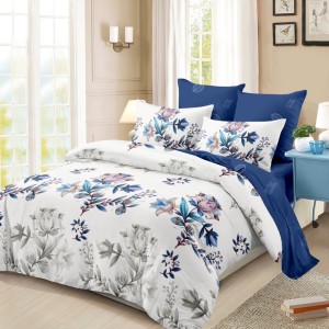 Lenjerie pat dublu,  FINET, cu elastic, 6 piese, Alb, Albastru, Flori
