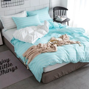 Lenjerie pat dublu cu doua feţe, bumbac satinat, 4 piese,  Alb, Bleu, dungi
