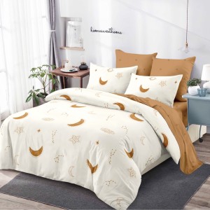 Lenjerie pat dublu,  FINET, cu elastic, 6 piese, Crem, Maro, Stele si Luna