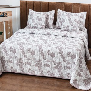 Cuvertură Pat Dublu, Bumbac cu In, Model Brodat Direct în Tesătură, 230x250 cm, 2 fete de perna 52x72cm, 2 fete de perna 46x46cm, Alb, Pudra, Flori