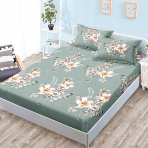 Cearsaf cu elastic, Bumbac FINET, 160x200cm, 2 fete de perne 50x70cm, Gri, Flori